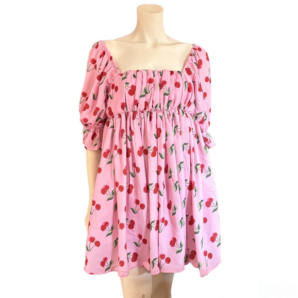 New pink cherry puff mini dress Size Small